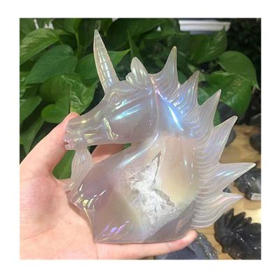 China New arrival natural crystal craved druzy unicorn high quality quartz aura agate geodes from Europe for feng shui decoration for sale