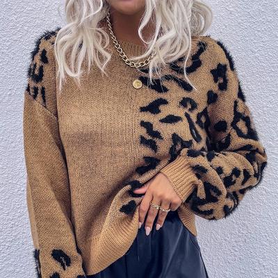 China Anti-wrinkle High Quality Winter Elegant O Neck Leopard Print Women Pullover Vintage Knitted Sweater for sale