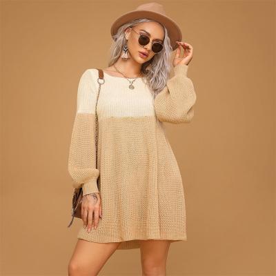 China Anti-wrinkle Color Block Striped Knit Sweaters Dress Autumn Women's Long Sleeve Crew Neck Dress for sale