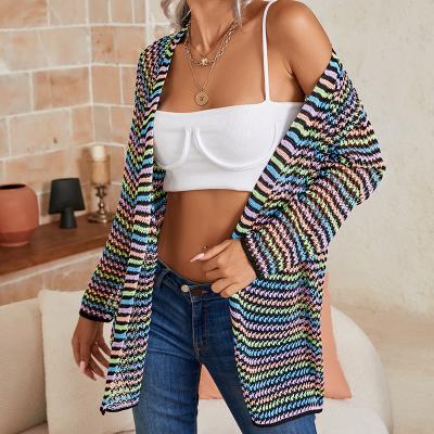 China Anti-wrinkle Autumn and winter new fashionable long sleeve stripes knitted women sweater cardigan for sale