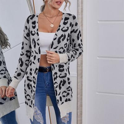 China Anti-wrinkle Ladies Autumn Long Knitted Leopard jacquard Sweater Women Large Outwear Coats Oversized Long Sweater Cardigan for sale