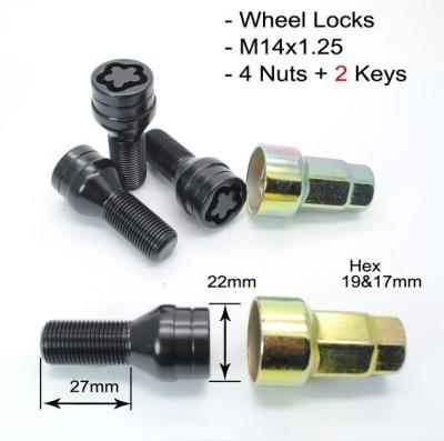 China Black Bmw Locking Wheel Bolts M14x1.25 Millimeter With 4 Nuts And 2 Keys for sale