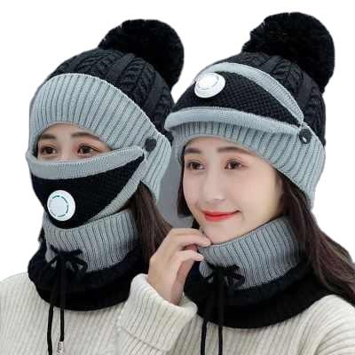 China Medium Medium Winter Knit Warm Women Hat Ear Cap Mask Scarf Set With Breathing Valve Set for sale