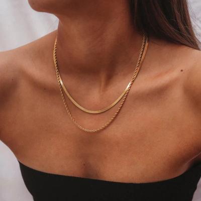 China Vintage 18K Gold Plated Herringbone Rope Chain Layered Necklace Stainless Steel Necklace Tarnish Free Waterproof Jewelry for sale