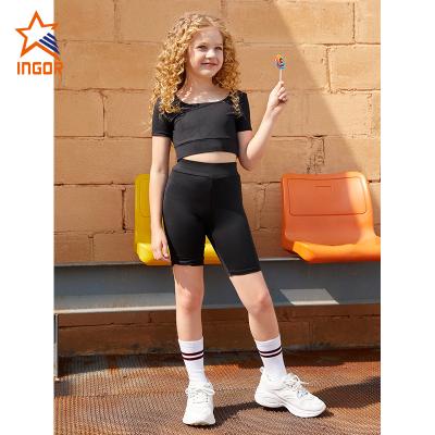 China Breathable Kids Girls Print Sport Suit Short Sleeve Tops With High Waist Yoga Shorts Fitness Workout Set for sale