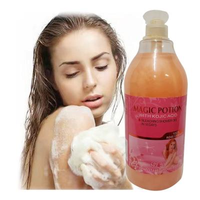 China Bleaching Whitening Smooth Magic Potion Bleaching Shower Gel With Kojic Acid In 10 Days Rose SPF 90 Total Action 100% Liquid Soap for sale