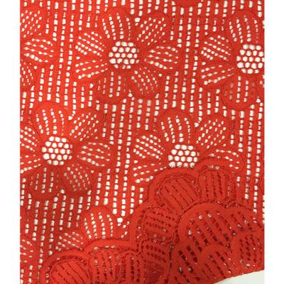 China Dubai Red African 3D Flower Cotton Viable Nylon Rope Heavy Lace Garment Fabric For Dress Dress for sale