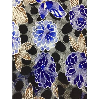 China Good Quality Viable Evening Blue Flower And Black Dot Printed Lace For Dress 2019 for sale