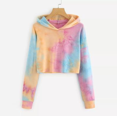 China Anti-Wrinkle Pink Tie Dye Women Crop Hoodies Top Sweatshirt Long Sleeve With Hood Knitted Pullover Loose Casual Women Hoodie for sale