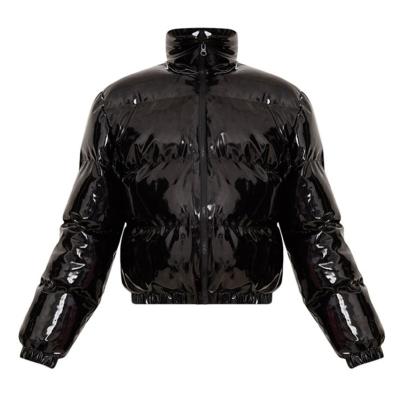 China Women Waterproof Shiny Black Leather Bomber Puffy Bubble Stripper Jacket for sale