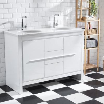 China Modern Design White White Lacquer Furniture Free Standing Double Sink Home Use Bathroom Furniture for sale