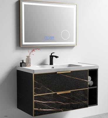 China Lauren Black Modern Bathroom Vanity Contemporary Wall Mounted Bathroom Cabinet With LED Mirror for sale