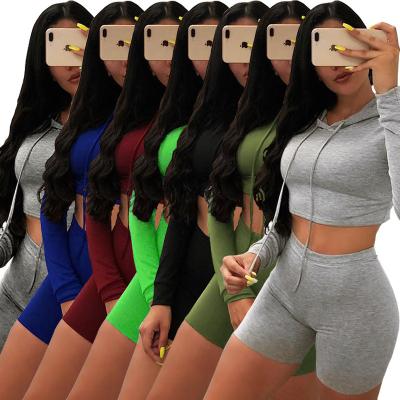 China 2021 Anti-wrinkle women outfit bodycon two-piece shorts set crop top tracksuit women hoodie pants two-piece set for sale