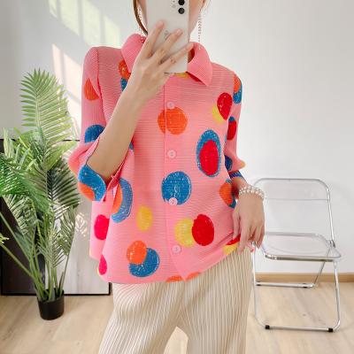 China FXZ QUICK DRY miyake pleated wave stitch cardigan le petit 2022 French spring summer style women printed pleated shirt for sale