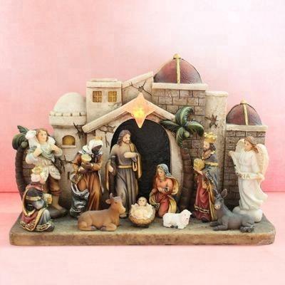 China Europe LED LIT CHRISTIAN NATIVITY WITH TOWER BUILDINGS JESUS ​​BIRTHPLACE RESIN RELIGIOUS CRAFTS for sale