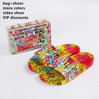 China Custom Feminine Fashion Graffiti Style PVC Ladies Matching Slippers and Bag Set for sale