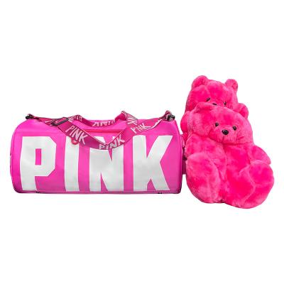 China Wholesale Custom Fashion Plush Weekend Slippers Portable Large Capacity Shoe Compartment Pink Duffel Bag With Slipper for sale