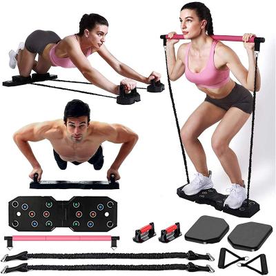 China Portable home use full body exercise equipment for men and women, fitness equipment with Pilates bar resistance bands ab wheel for sale