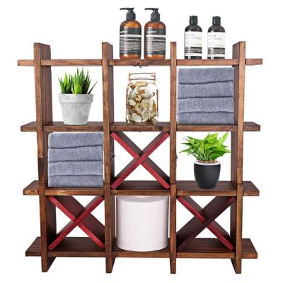 China Wall Shelf Multifunctional Durable Longevity Rustic Wooden Toilet Paper Holder for sale