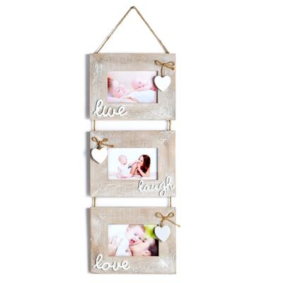 China Gray Live Laugh Love Collage Picture Frame Rustic Solid Wood Home Decor Decorative Hanging 3 Picture Frames Set for sale