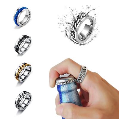 China Silver Hiphop Spinner Ring For Women Men Stainless Steel Cool Titanium Fashion Beer Bottle Opener Chain Rings for sale