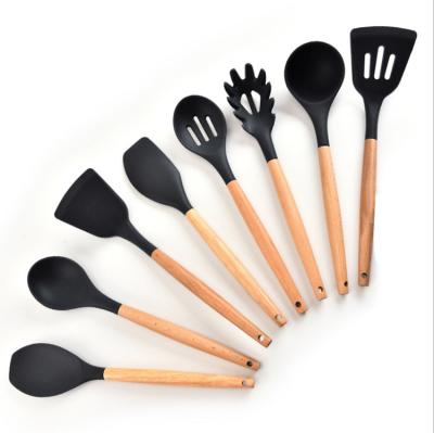 China Eco-friendly Kitchen Tools 8 Pcs Shape Beech Wood Handle Silicone Hot Stick Cookware Non Sets Cooking for sale