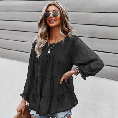 China Factory direct sales 2021 Autumn New Round Neck Lace waffle sleeve splicing tops women's breathable clothing long plus size T-shirts skirt for sale