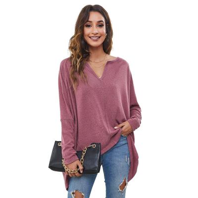 China Anti-Wrinkle 2022 Spring Women's Clothing New Casual Loose Sleeve V-neck Batwing Top Fashion Plus Size Irregular Solid T-shirt For Women for sale