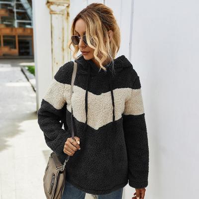 China 2021 Stain Viable Women's Clothing Winter Color Matching Hooded Sweater Thickened Jacket Plush Fashion Warm Top for sale