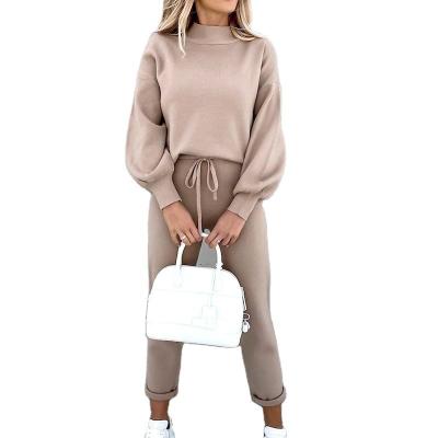 China 2022 Spring Women's New Long Sleeve High Fleece Fashion Casual Collar Sweater Plus Size Pants Two Piece Set for sale