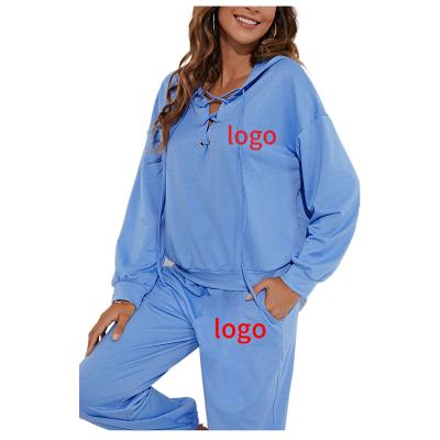 China Anti-Wrinkle 2021 Winter Women's Clothing V-Neck Bandage Hoodies Gaiters Home Set Two Piece Sweatshirt Fashion Solid Color Women Tracksuits for sale