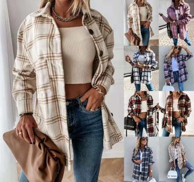 China 2021 Autumn Winter Vintage Loose Casual Plaid Long Sleeve Waterproof Women's Shirt Lapel Yarn Dyed Women's Coat for sale