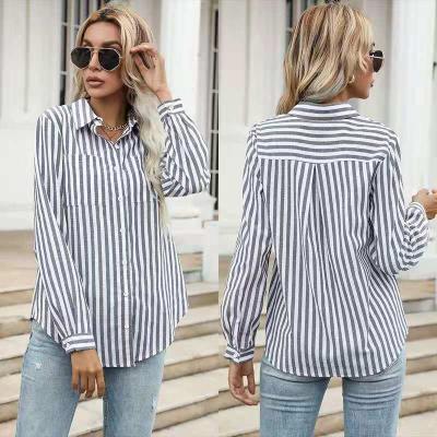 China 2021 Autumn New Fashion Women's Button Lapel Stripe Shirt Women's Long Sleeve Breathable Shirt for sale