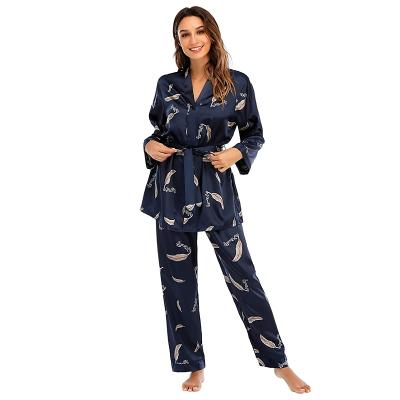 China 2021 thermal pajamas printed silky satin women's home wear set pajamas long pants women belted wrap for sale