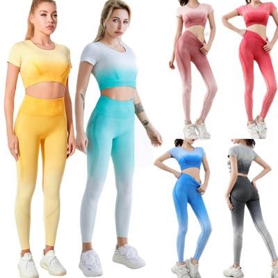 China 2021 Autumn New Women's Breathable Gradient Tie-Dyed Yoga Suit Set Sports Fitness Seamless Tight Exercising Women Wear for sale