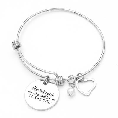 China TRENDY Custom Inspiration Message Engraved Personalized Slide Plate Heart Bead Charm Bracelet Adjust Ani Stainless Steel Wire Bracelets for sale