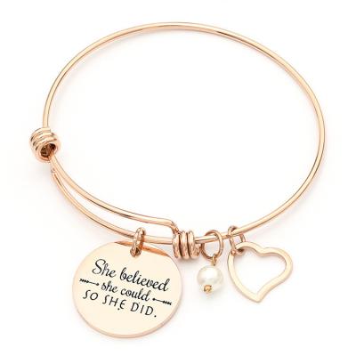 China TRENDY Custom Inspiration Message Engraved Personalized Slide Plate Heart Bead Charm Bracelet Adjust Ani Stainless Steel Wire Bracelets for sale