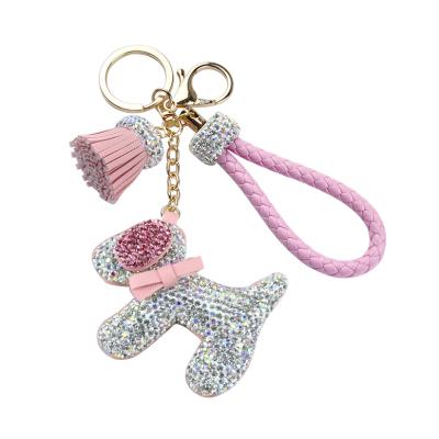 China Key Pendant Ring Student Bag Pendant Keychain Car Decoration Cute Dog Crystal Diamond Small Tassel Doggie Girl for sale