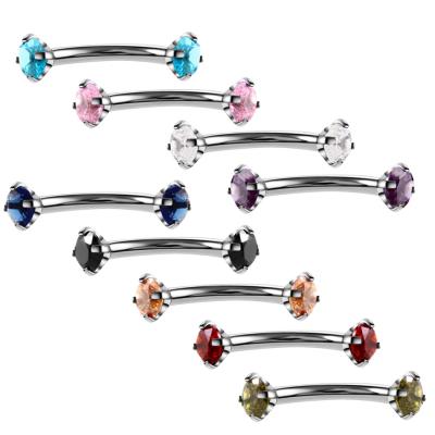 China Surgical Steel Allergy Eyebrow Ring Internally Threaded Zircon Top CZ Fork Eyebrow Barbell Studs Piercing Jewelry for sale