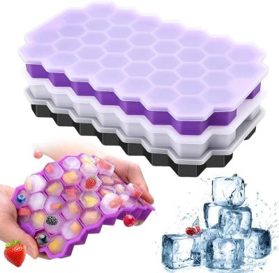 China BPA Free Sustainable 38-Ice Safe Silicone Hexagonal Honeycomb Shaped Ice Cube Trays Molds With Covers for sale