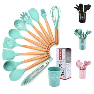 China Sustainable 11Pcs Silicone Utensils Set Cooking Cooking Tool Kit Food Grade Silicone Spatula Set Silicone Kitchenware With Wooden Handle for sale