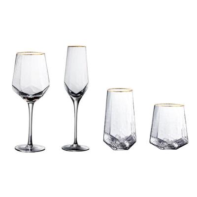 China Wholesale luxury gold rimmed crystal wine glass hexagon goblet wine goblet hammered diamond red wine champagne glasses for sale