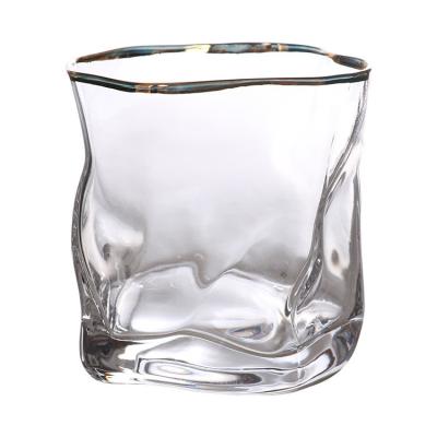 China Wholesales Modern Irregular Texture Round Crystal Creative Golden Edge Twist Glass Whiskey Barware Glass Mug for sale