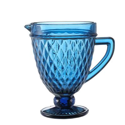 China Best Viable Selling Home Use Colored Glass Drinking Water Pitcher Glass Serving Jug in Navy Blue with Diamond Pattern for sale