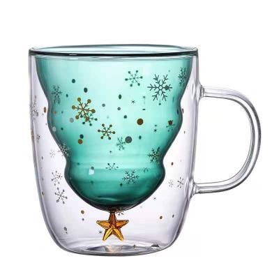 China Amazon Success Sustainable Christmas Mugs High Borosilicate Double Wall Christmas Tree Cup Drinking Glass Mug for sale