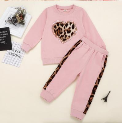 China Hot Sale Casual Pink Kids Clothes Girls' Clothing Sets Heart Shape Leopard Autumn Clothes for sale