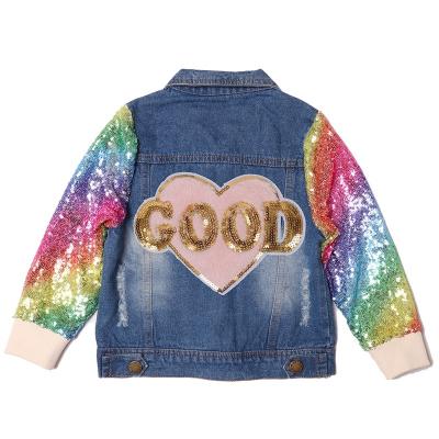 China New Breathable Dress Designs 2020 Autumn Winter Babies Clothing Colorful Sequin Long Sleeve Roll Neck Denim Jacket for sale