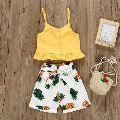 China New CIA lotus casual fresh yellow leaf sling top summer pineapple shorts little girl set for sale