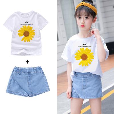 China Casual 2021 little thin girls clothing Daisy Short Sleeve Top Loose explosion style big boy sets children for sale