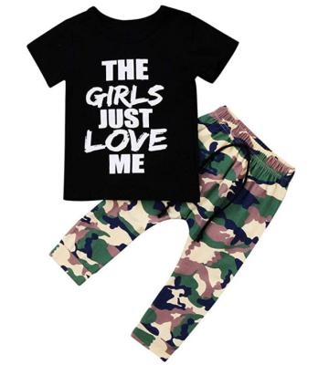 China 2021 random baby boy printed letter T-shirt + camouflage short-sleeved pants stretch children's thin suit for sale